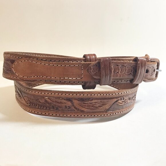 Vintage Handcrafted Tooled Mens Womens Brown Leather Belt Size 32 S/M 30"-34" - Picture 3 of 16